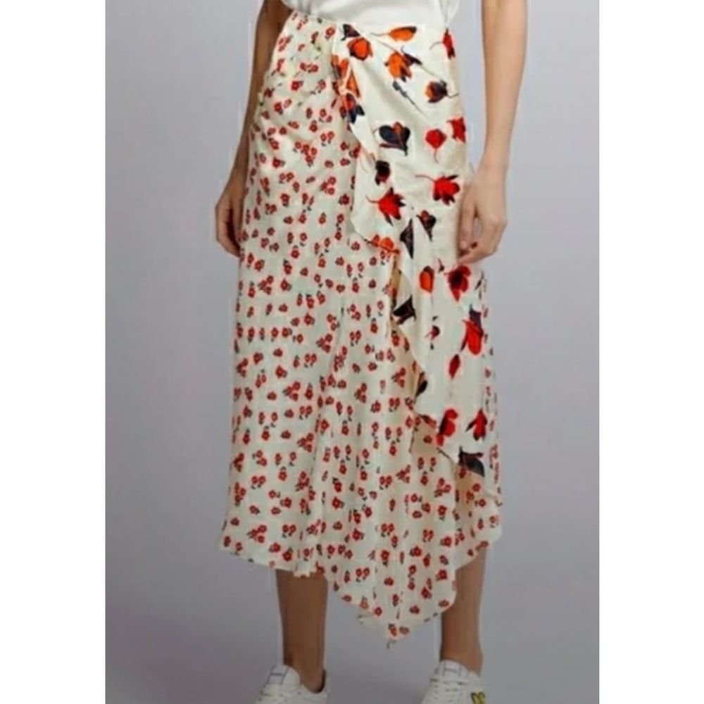 Self-Portrait Cream Maxi Skirt with Red Floral Print